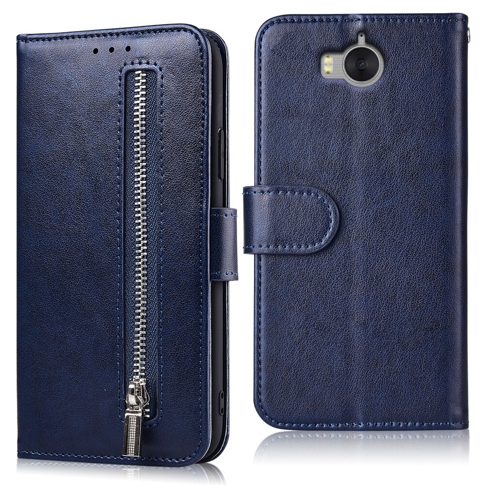 Zipper Wallet Leather Case for Huawei Y5 MYA-AL10 MYA-L22 MYA-U29 Fundas Soft TPU Back Cover Card Holder Flip Case: 61Zipper-Blue