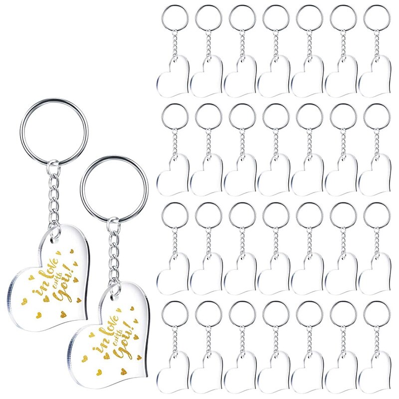 30 blanco's van helder acryl in de vorm van een hart en 30 stuks sleutelhangers van metaal voor doe-het-zelfprojecten en knutselwerkjes
