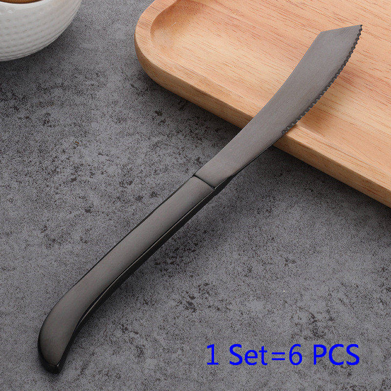 6 stk/sæt bøfkniv sæt rustfrit stål sort guld bordknive spisestel hjemme bøf kniv: Sort