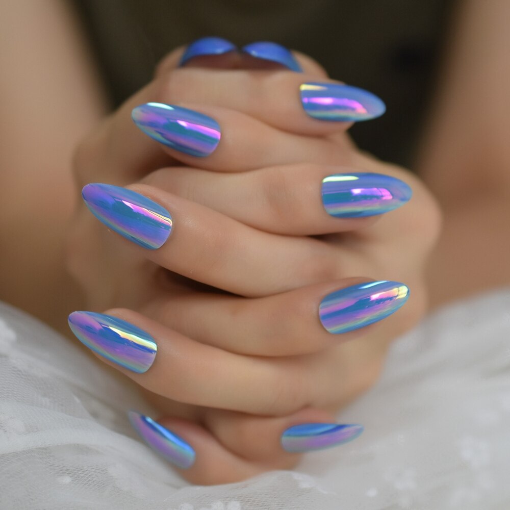Céu azul holográfico unhas falsas stiletto, médio cromado espelho de plástico curva brilhar it a unha com cola