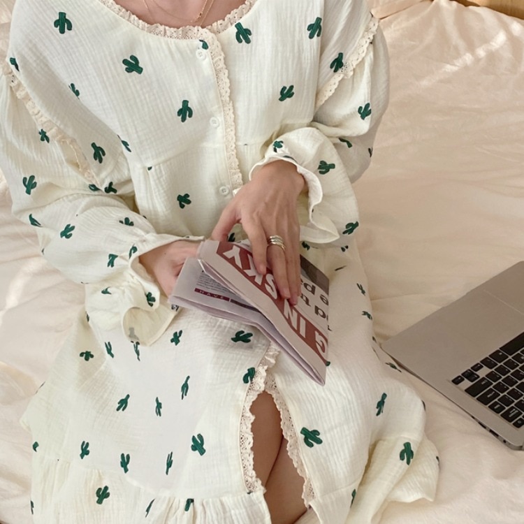 Women's Dress Sleepwear Cactus Pattern Long Sleeve Lace Home Wear Spring/Autumn Nightgown