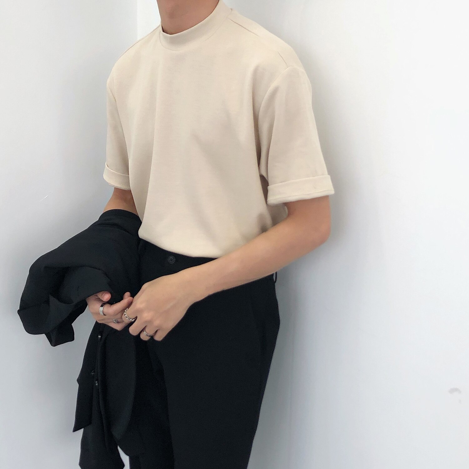 IEFB / men&#39;s wear 2022 summer Solid Color Turtleneck Short Sleeve Tee for men and women korean style casual tops 9Y969: apricot / XL