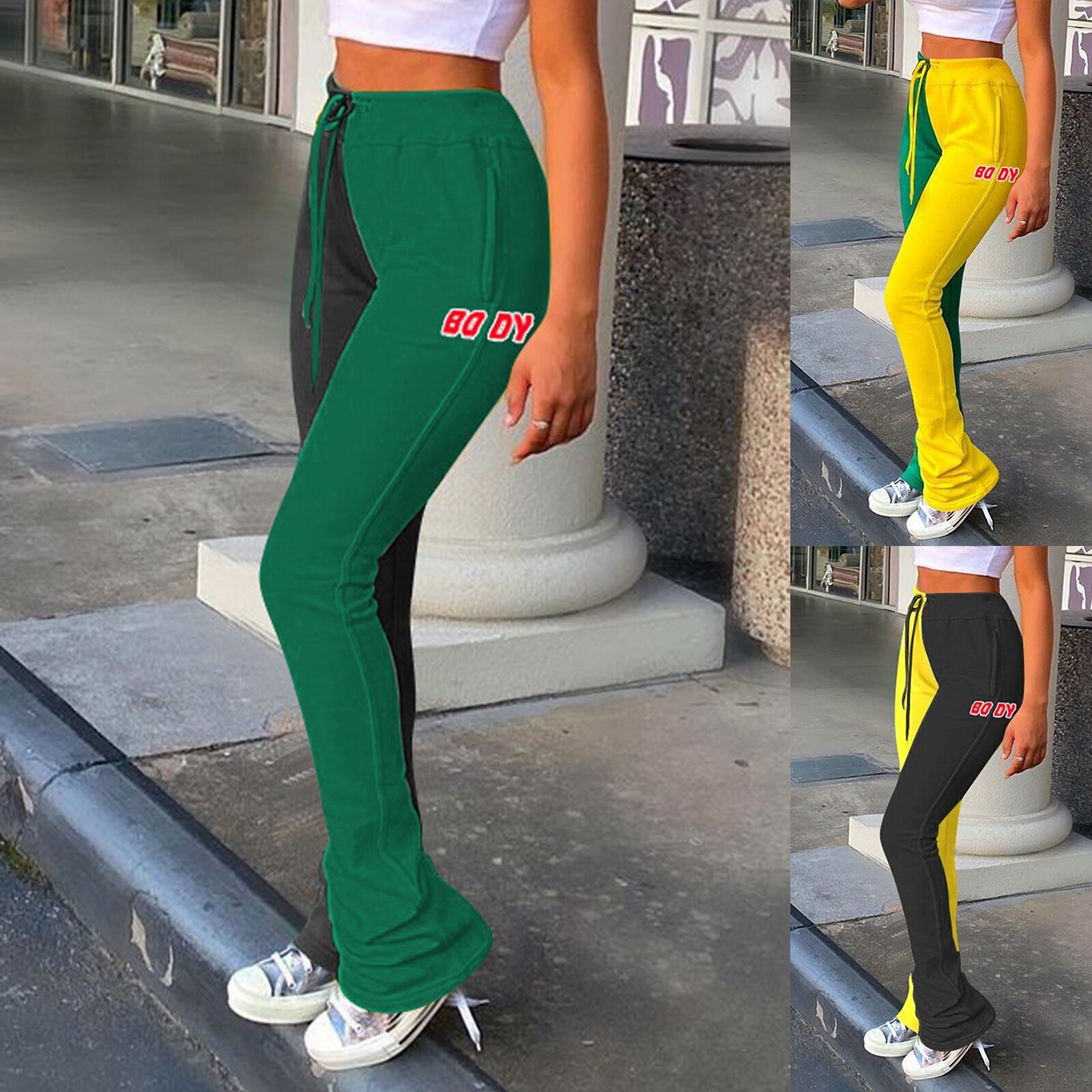 Winter Herfst Kleur Stiksels Trainingsbroek Vrouwen Flare Broek Joggers Hoge Wasit Lace Up Broek Streetwear Casual Track Pant