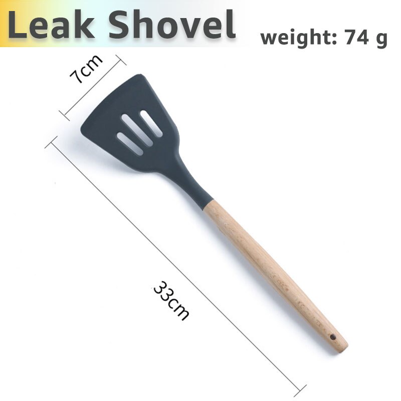 Silicone Cooking Utensils Set Kithcen Non Stick Spatula Shovel Soup Spoon Wooden Handle Heat Resisant 9 Pieces Cooking Tools set: Leak  shovel