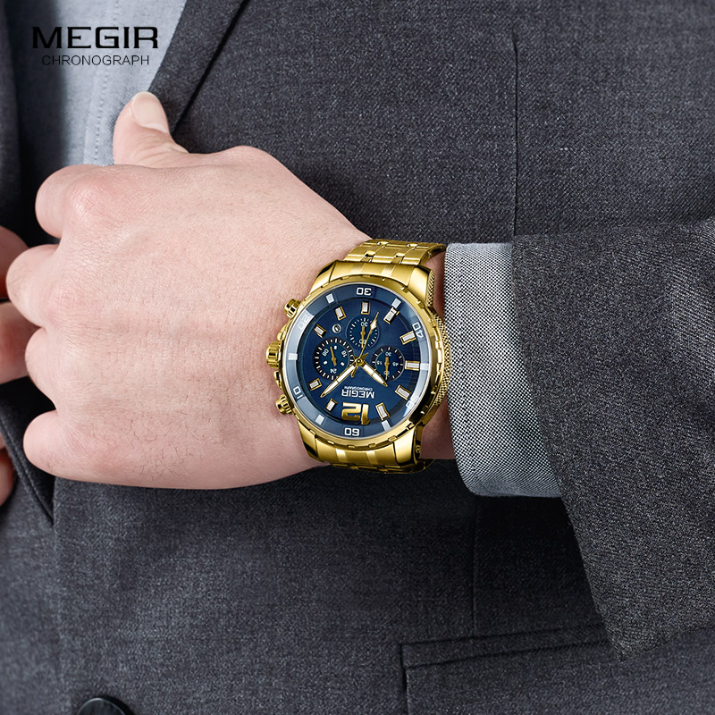 Megir Mannen Goud Rvs Quartz Horloges Business Chronograaf Analgue Horloge Voor Man Waterdichte Lichtgevende 2068GGD-2N3