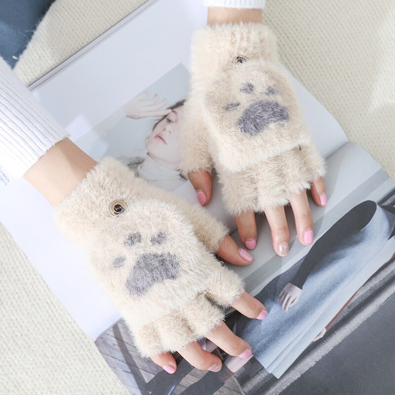 Winter Warme Zachte Konijnenbont Knit Mittens Vrouwen Flip Half Vinger Pluche Dikke Leuke Cartoon Kat Klauw Touchscreen Rijden handschoenen I1