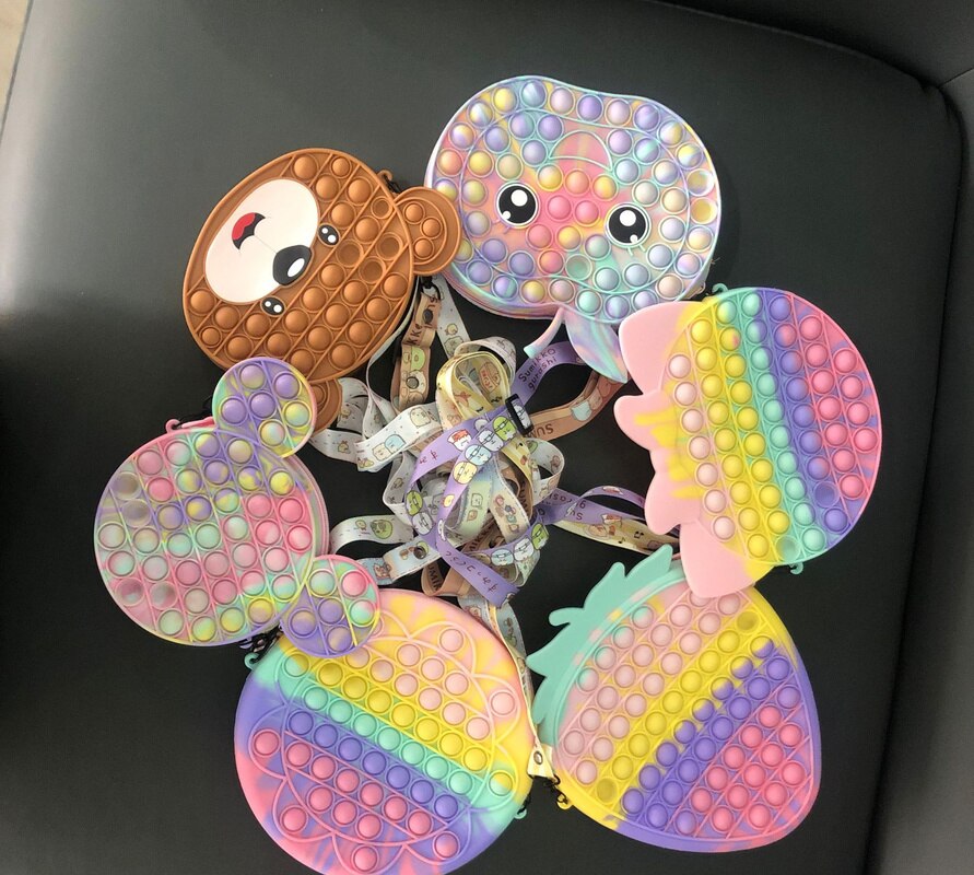 Kawaii – sac à main licorne ours fraise PopIt Fidget, jouets presse à doigt, sac à bandoulière, soulage l&#39;anxiété et le Stress, mignon