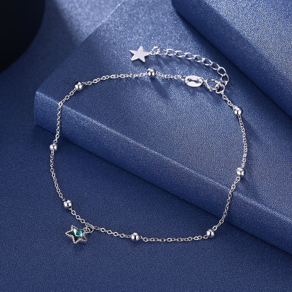 Bracelet de cheville en argent Sterling 925 pour femmes, chaîne de perles rondes, en cristal, étoile, à la , bijoux pour filles