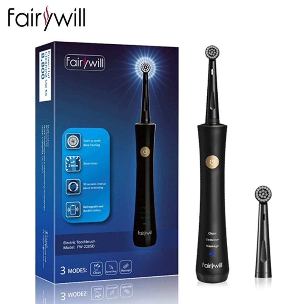Fairywill Sonic Electric Toothbrush FW2205 USB Charge Rechargeable Replacement Heads Waterproof Smart Timer Whitening for Adult: 2205Black
