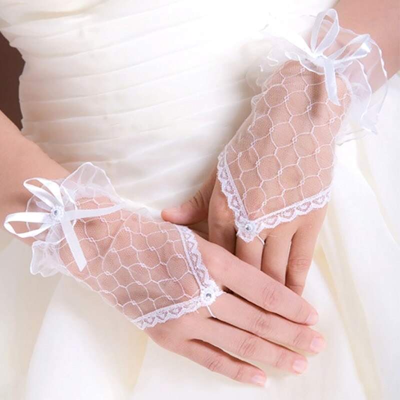 Guantes cortos de encaje sin dedos para mujer, accesorio para novia, con diamantes de imitación, color negro, rojo y blanco, accesorios de boda: Blanco