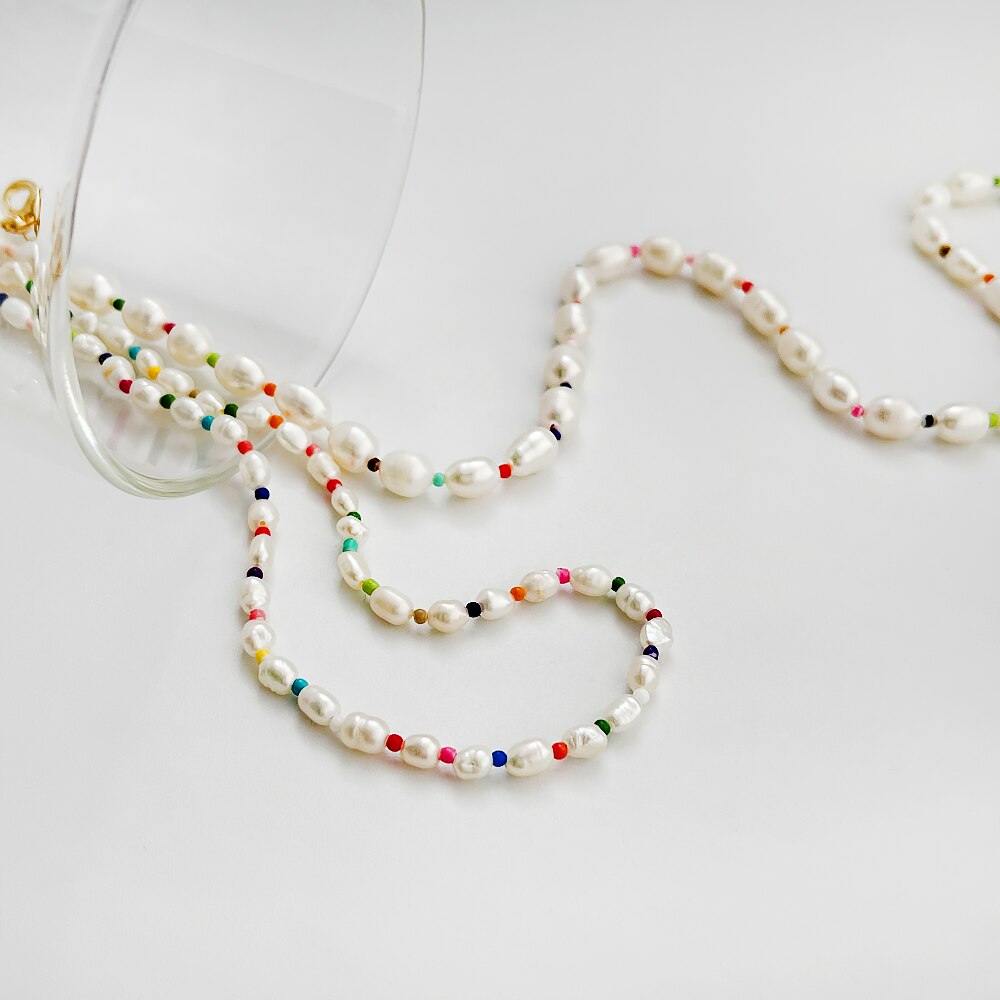 Peri'sbox Pearl Necklace - Rainbow Acrylic Beads & Baroque Freshwater Pearls - Summer Beach Choker for Women