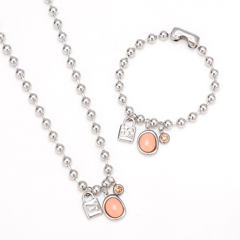 Conjunto de joyería para hombres y mujeres, pulsera de cuentas de 6mm con llave de bloqueo de corazones rosas, Color plata, oro y acero inoxidable, 50 redondos: 2