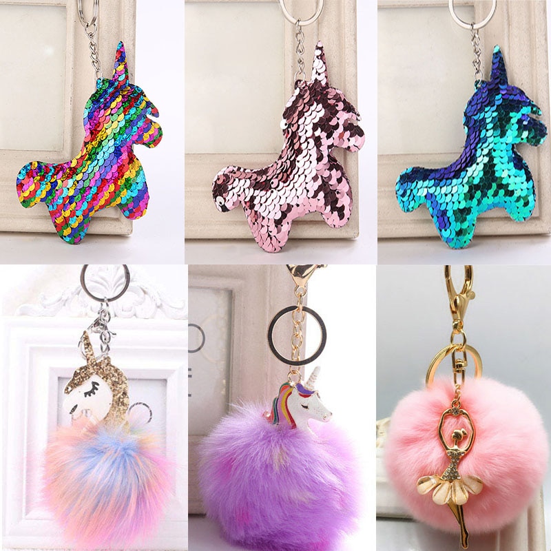 Kawaii Unicorn Plush Toys Fluffy Fur Pom Pom Metal unicornio Keyring Women Girls Bag Hang Pendant Kids Birthday Easter Toy