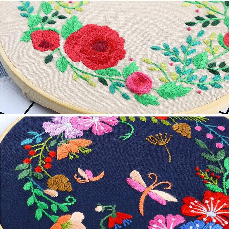 2 Sets Full Range of Embroidery Starter Kit Including Embroidery Clothes with Pattern Hoops, Color Threads and Tools