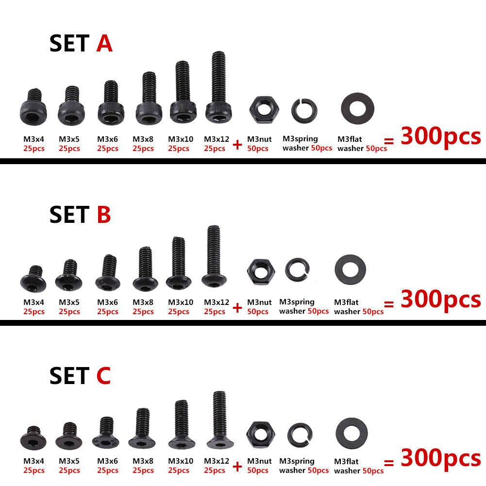 High 300pcs M3(3mm) Black Alloy Steel High Tensile Allen Bolts Hex Button Flat Socket Head Cap Screws Nuts Washer Set