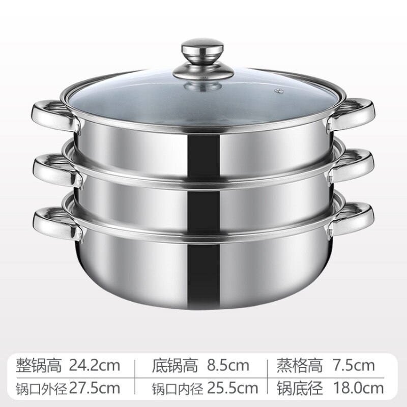 Stainless Steel Steamer Gas Induction Cooker Soup Steamboat Pot 1/2 Toer Steamer Transparent Glass Lid Kitchen Cookware: Layers with Ears