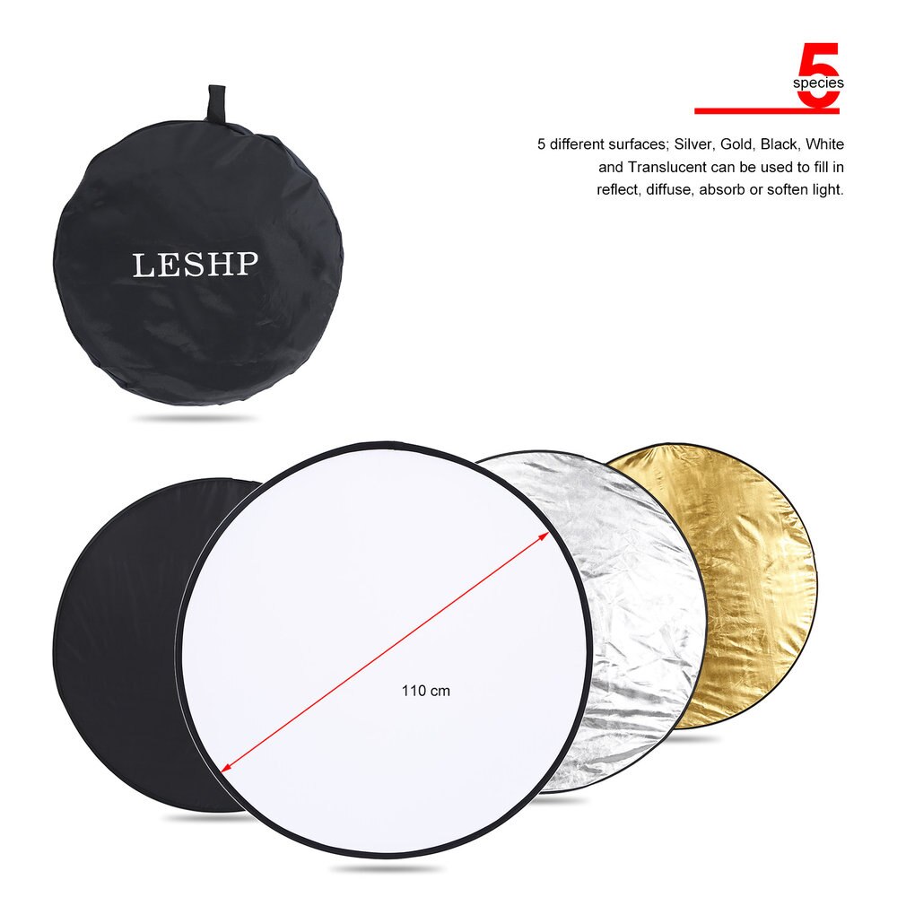 LESHP 110cm 5-in-1 Collapsible Multi-Disc Light Reflector Translucent Silver Golden White and Black for Studio Photography