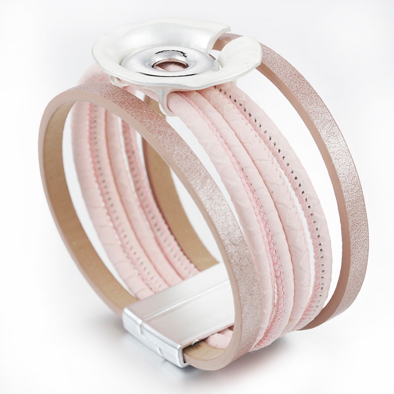 Amorcome Simple Pink Leather Bracelet Jewelry Multilayer Metal Charm Wide Wrap Bracelets Ladies Jewelry