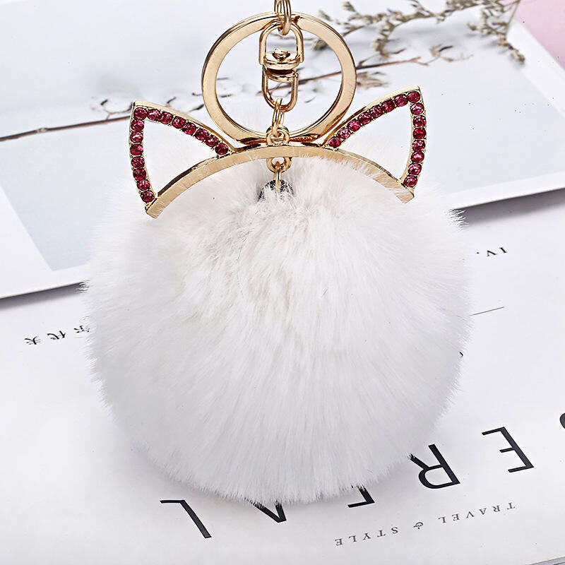 Bolso con colgante de conejo para chica con orejas de gato rosa, accesorios de pompón de bolas de pelo de conejo de imitación, colgante para bolso de mano para mujer: white