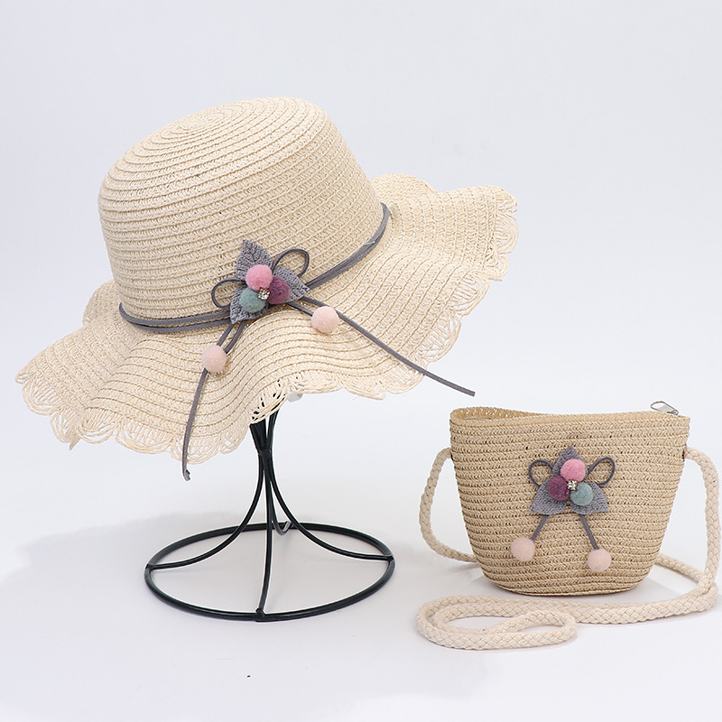 Zomer Reis Stro Hoed Voor Meisjes Prinses Kids Kind Geweven Rand Bloemen Zonnehoed En Tas Sets Voor Outdoor: 2pc set beige