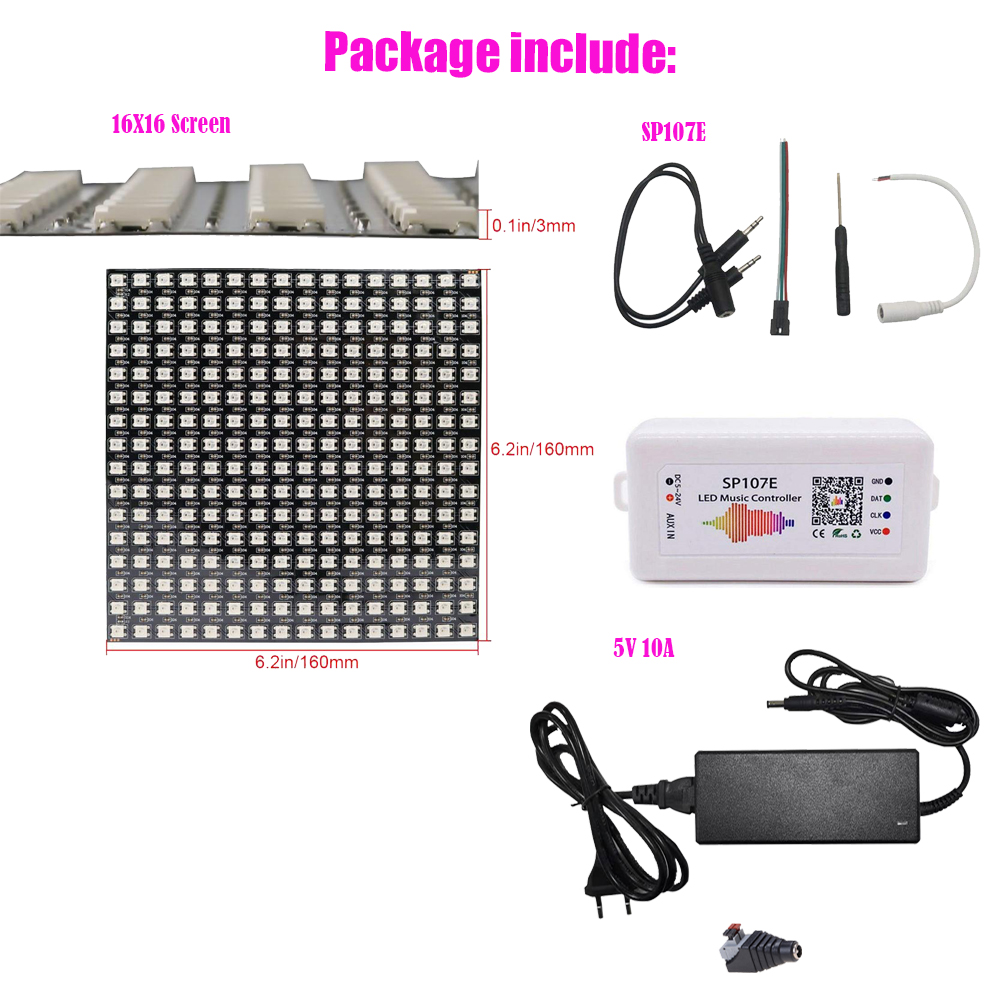 DIY GyverLamp 16x16 Matrix WS2812B 5V RGB 5050SMD Digital Flexible Individually 8x32 256 Pixels Panel Flexible FPCB with Arduino: SP107E 16X16 KIT