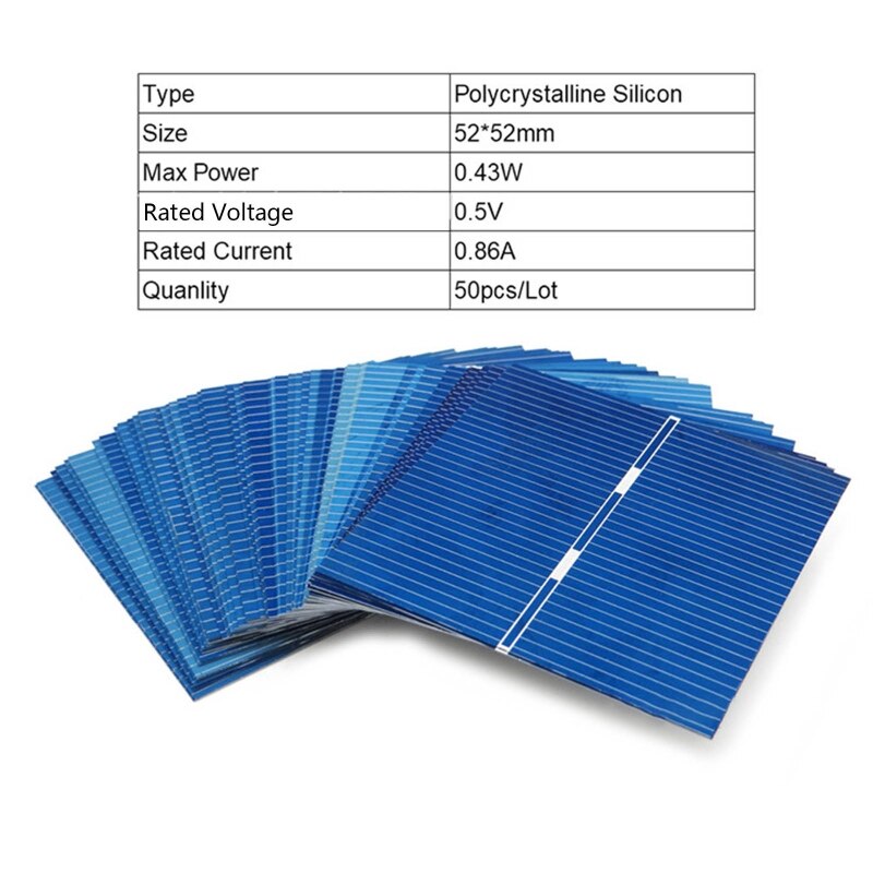 50 Sheets/set 52x52mm Polycrystalline Silicon Solar Panel DIY Solar Cell Cutting Sheet Solar Energy Battery Panel