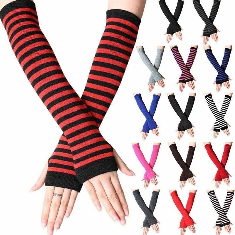 Vrouwen Lady Gestreepte Elleboog Handschoenen Warmer Gebreide Lange Vingerloze Handschoenen Elleboog Wanten Kerst Accessoires