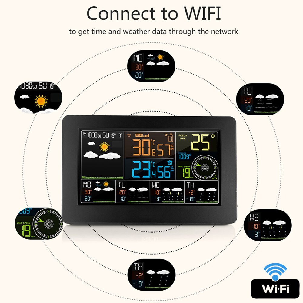 Wifi vejrstation app kontrol smart vejrmonitor indendørs udendørs temperatur luftfugtighed barometrisk vindhastighed digitalt ur
