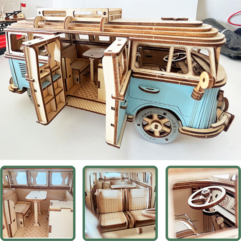 3D Wooden Puzzle Retro Bus European-style Campervan Assembled Car Model DIY Hands-on Ability Cultivate Toys For Children