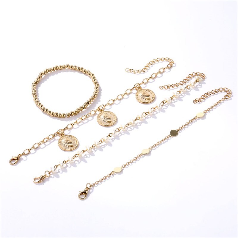 Vienkim Charme Neue mehrschichtig Münze Anhänger Perlen Kette Armbinde Gold Perle Pailletten Armbänder für Frauen Schmuck