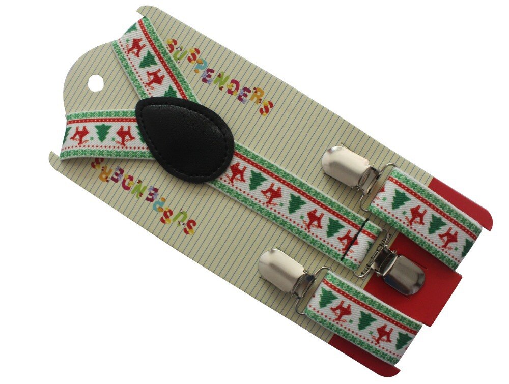 Kids Adjustable Clip On Y Back White Christmas Tree Deer Print Suspenders Braces