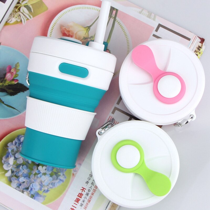 Folding Silicone Cup with Straw 450ML Portable Leakproof Outdoor Travel Telescopic Drinkware Cup Milk Water Coffee Mug Cups