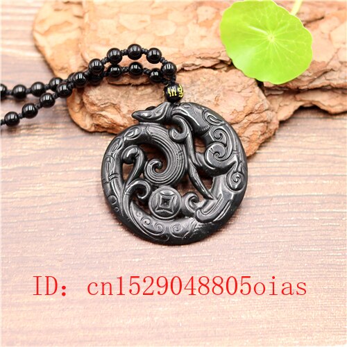 Chinese Natural Black Green Jade Phoenix Pendant Beads Necklace Charm Jewelry Double-sided Hollow Carved Amulet for Her