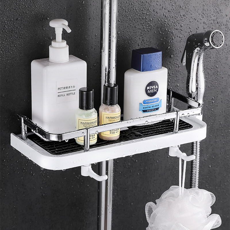 Shower Storage Rack Bathroom Organizer Pole Shelves Shampoo Tray Stand Single Tier No Drilling Lifting Bathroom Accessories