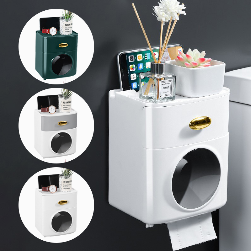 Double Layer Tissue Box Wall Mounted Toilet Paper Holder Waterproof Storage Box Mobile Phone Storage Table Bathroom Supplies