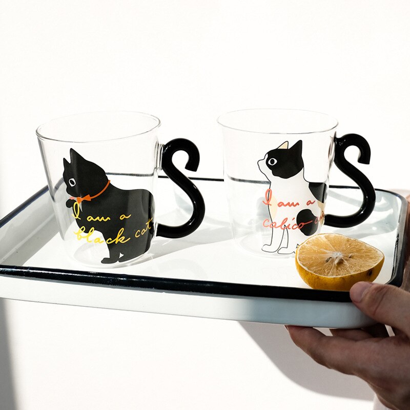 Tazas de vidrio de dibujos animados gato lindo taza de agua con cuchara agitadora desayuno tazas de leche taza de té y café resistente al calor niñas Drinkware