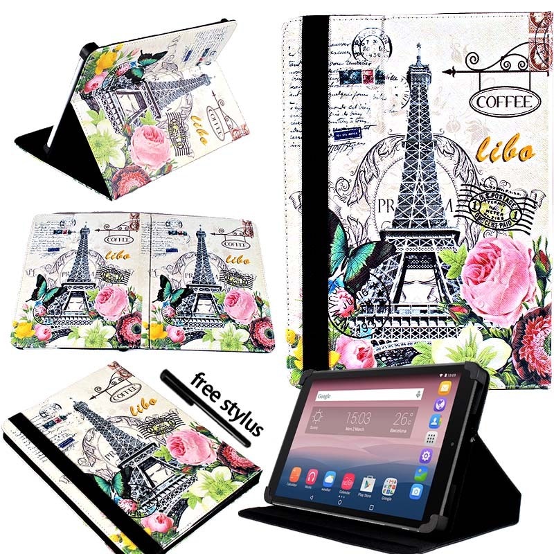 KK&LL For Alcatel OneTouch Pixi 3 10 inch - Leather Tablet Stand Folio Cover Case + Free stylus: Flower