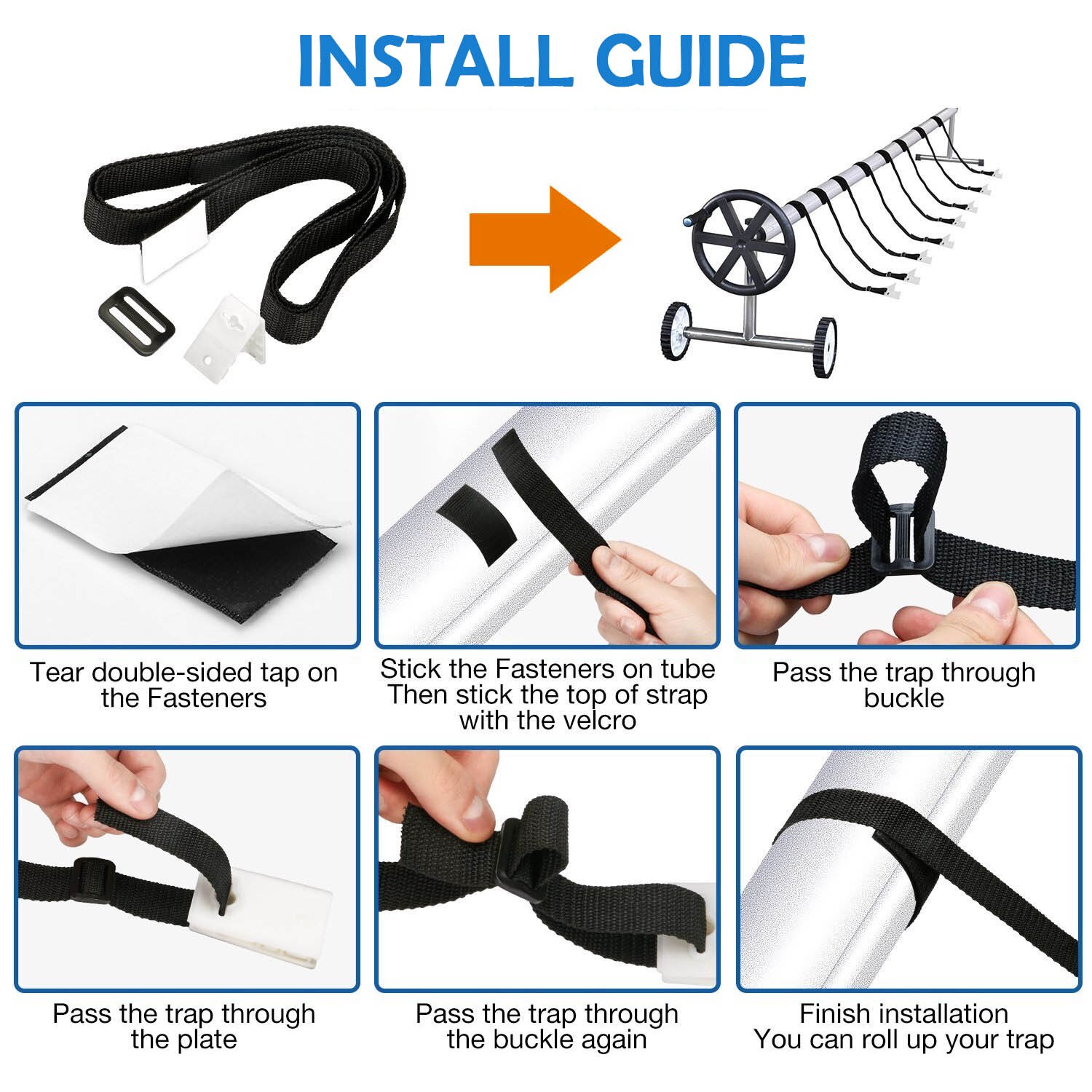 Pool Solar Cover Reel Attachment Kit 8pcs Blanket Straps + 8pcs Buckles + 8pcs Clips for In Ground Swimming Pool Outside