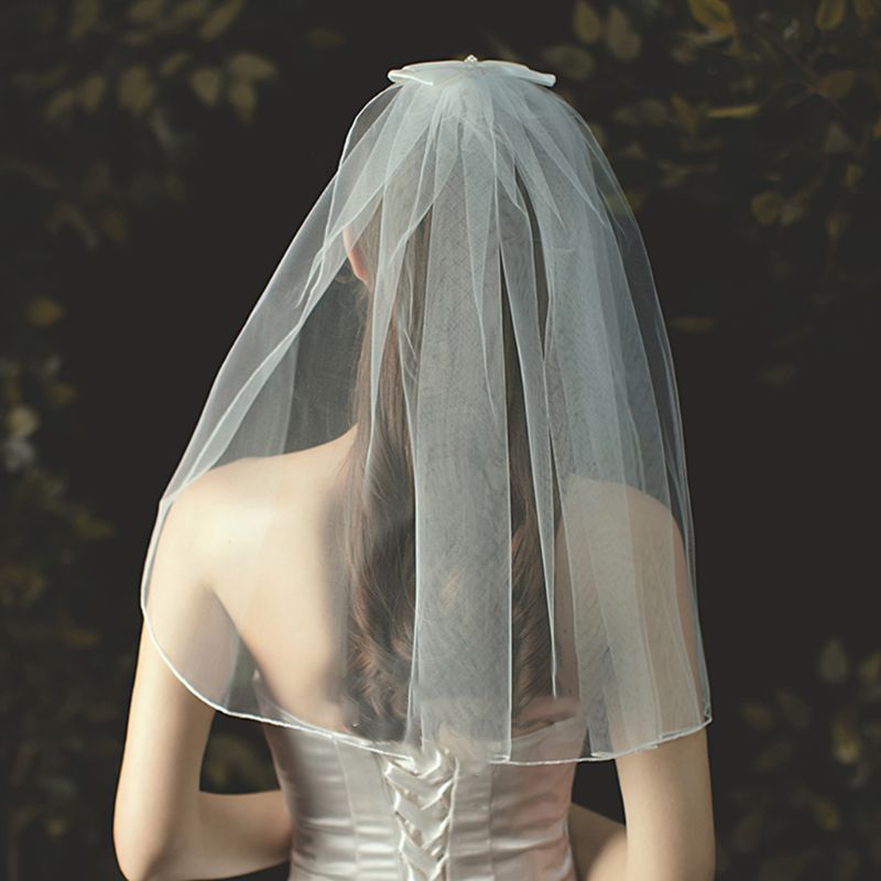 Women 1 Tier Short Tulle Wedding Veil Faux Pearl Beaded Bowknot Bridal Headdress E15E