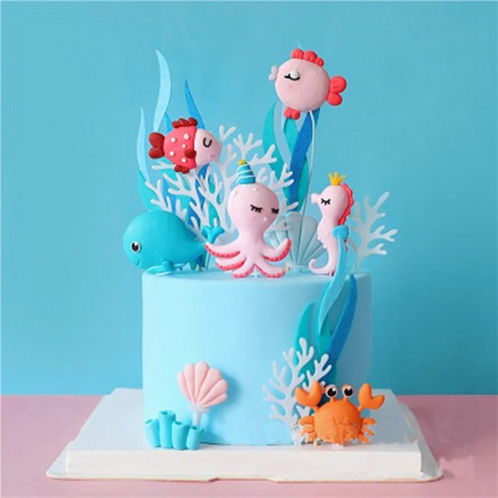 Décoration de gâteau de cuisson en argile douce, océan, hippocampe, crabe, baleine, décoration de gâteau, Dessert, sirène pour premier anniversaire, réception pour bébé fille