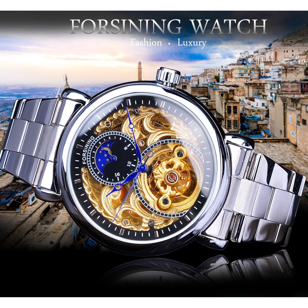 Forsining kongelig luksus månefase herre gylden gennemsigtig åben arbejde automatisk mekanisk armbåndsur top mærke luksus