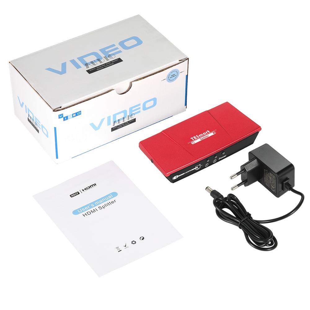 TESmart Mini 2 Port HDMI 1x2 Powered Amplifier Splitter Dual Display with Full HD 4K,1080P, 3D,HDCP, Deep Color,Red