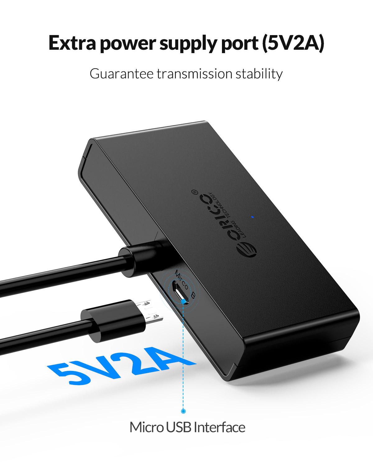 ORICO-HUB con 4 puertos USB 3,0, divisor, adaptador OTG de alta velocidad para ordenador, portátil, accesorios con puerto de alimentación Micro USB múltiple