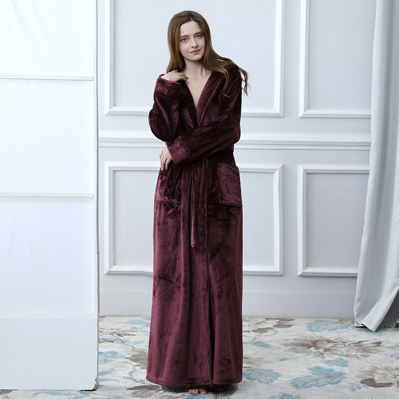 Extreme Lange Winter Vrouwen Badjas Warme Fluwelen Kimono Kamerjas Hooded Nachtjapon Nachtkleding Peignoir Bruidsmeisje Badjassen
