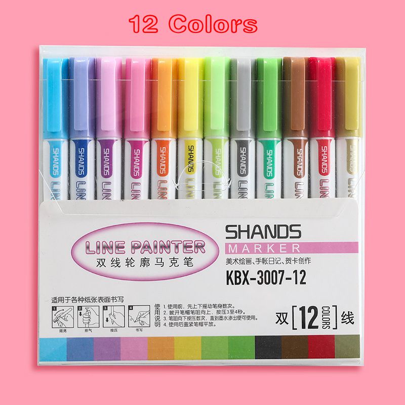 4/8/12 farver dobbelt linje omrids pen glitter farve fluorescerende markør metal farve pen håndbog studerende skole kontor papirvarer: 12 farver