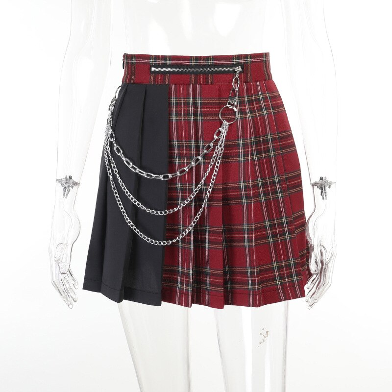 Plaid Skirt With Chain Mixed Check Mini Skirt e-girl Grunge Aesthetic Style Y2K Dark Goth Clothes: L
