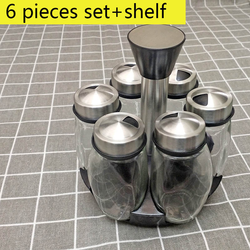 Staal Glas Cruet Kruiderij Kruidkruiken Set Zout Peper Shakers Kruiden Sprays Roterende Roestvrij: 6pcs set with shelf