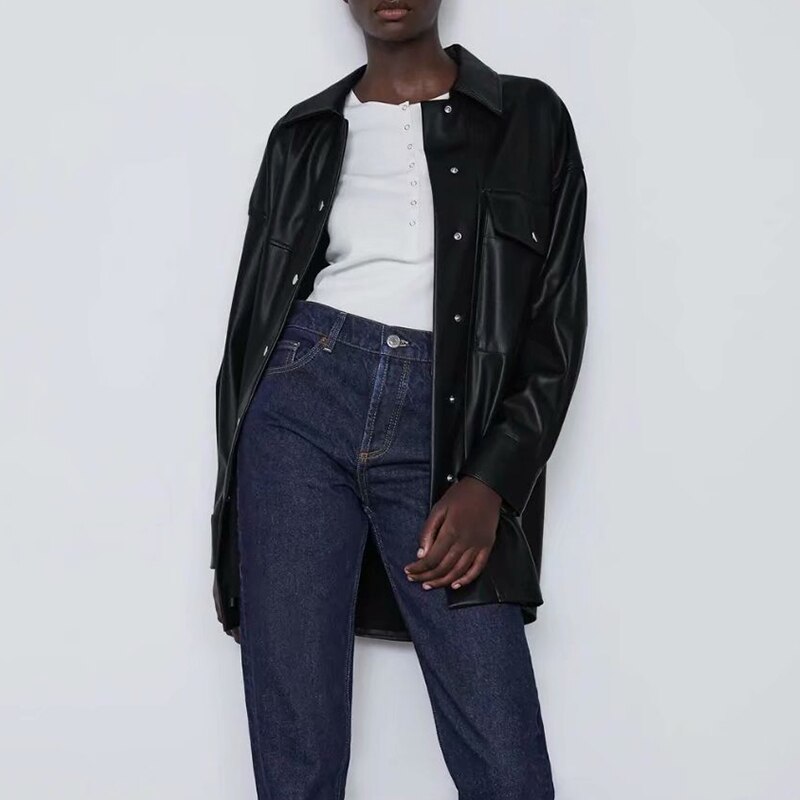 Chaqueta de cuero sintético para mujer, abrigo de camisa fina para primavera y otoño, ropa de calle a la , chaqueta gótica Vintage de color negro, atuendo estético,