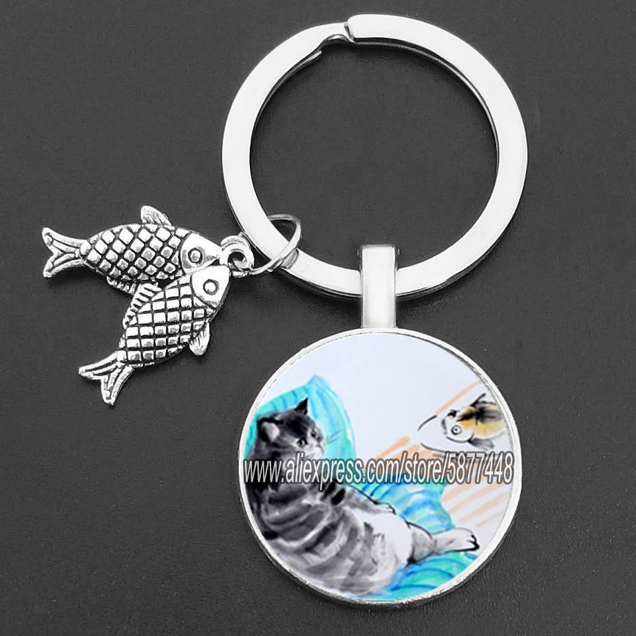 Ondeugende kat en vis glazen hanger sleutelhanger schattige kat die wil vis eten sleutelhangers voor vrouwen en schattig meisje: Donker Roze