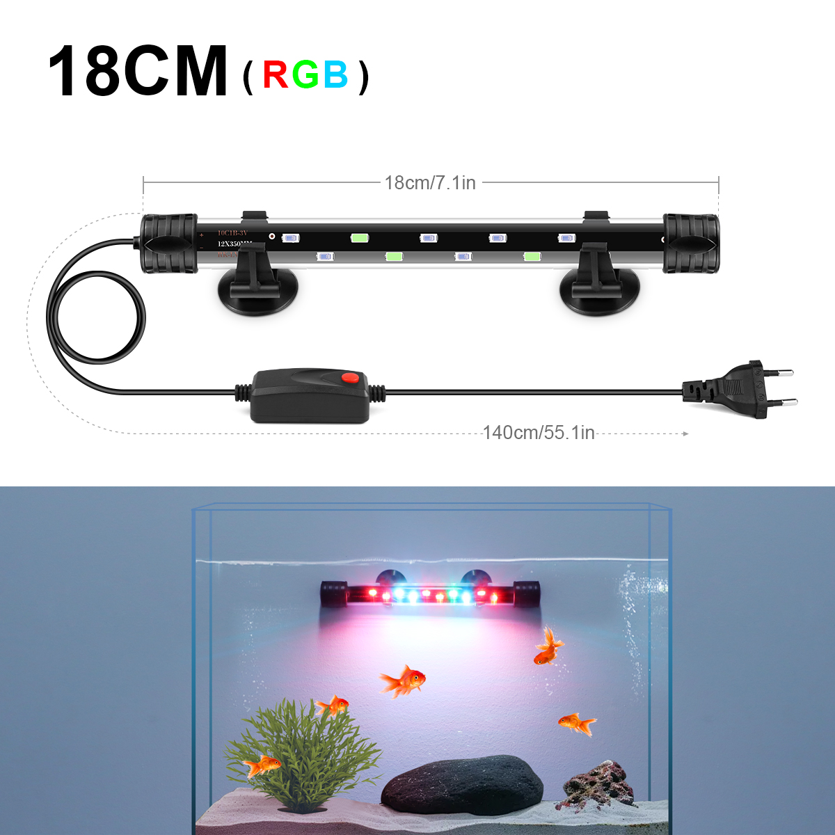 48/38CM LED pecera lámpara de tubo subacuática barra de luz 220V UE para acuario sumergible peces mascota planta crecimiento iluminación Decoración: Negro